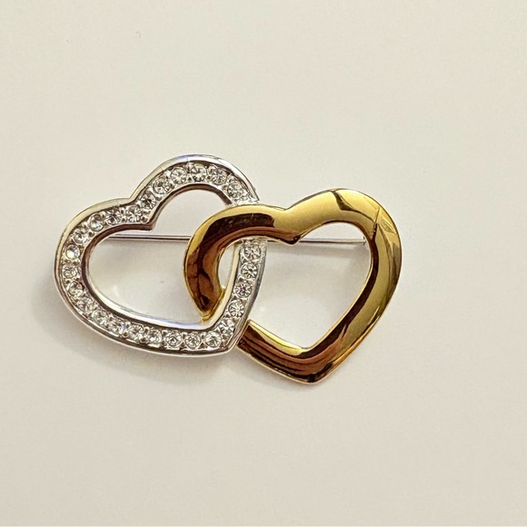 Jewelry - Monet Heart Brooch Pin Silver Gold Two Tone Clear Rhinestone Mixed Metal Vintage